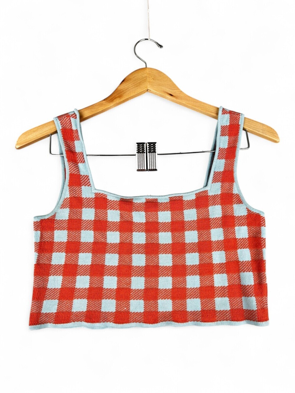 Staud Checkered Knit Crop Top Tank Sz M
